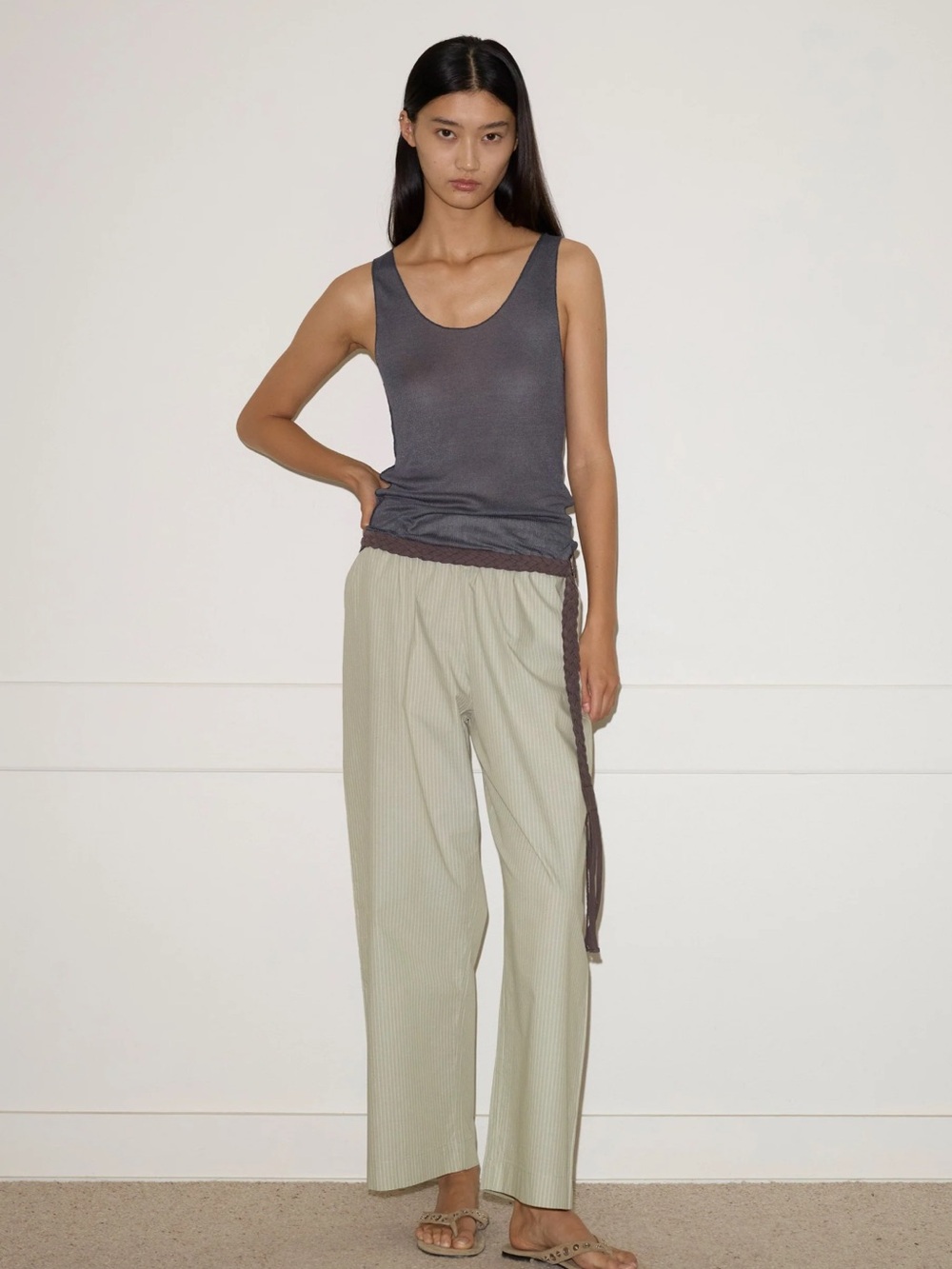 Light Green Pinstripe Wide-Leg Trousers